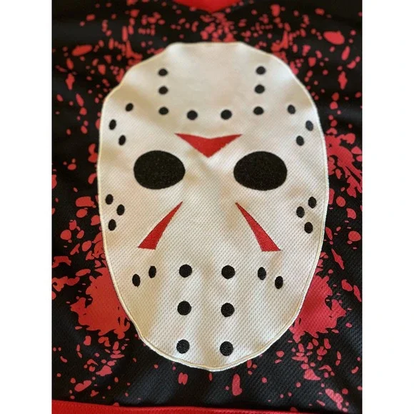 Friday The 13th Jason Voorhees Hockey Jersey Men's S/P Black Red Horror Patch - Picture 6 of 10